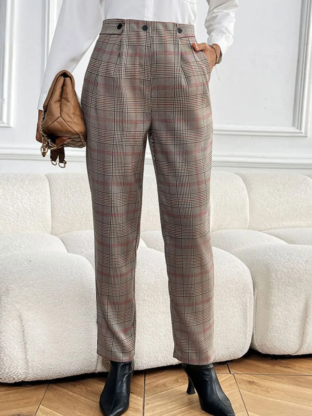 Plaid Straight Pants with Pockets, image 4