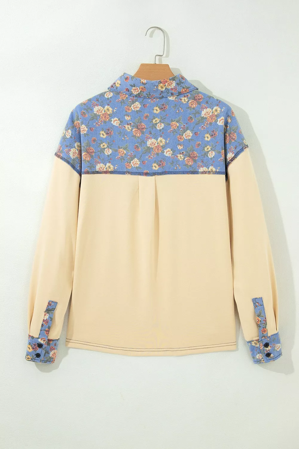 Floral Denim Patchwork Collar V Neck Long Sleeve Pullover Top, image 7