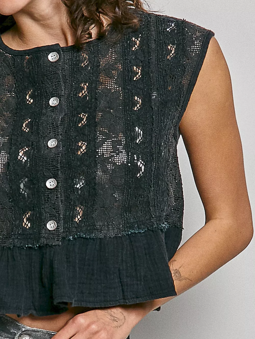 Round Neck Lace Sleeveless Top with Double Gauze Ruffle, image 5