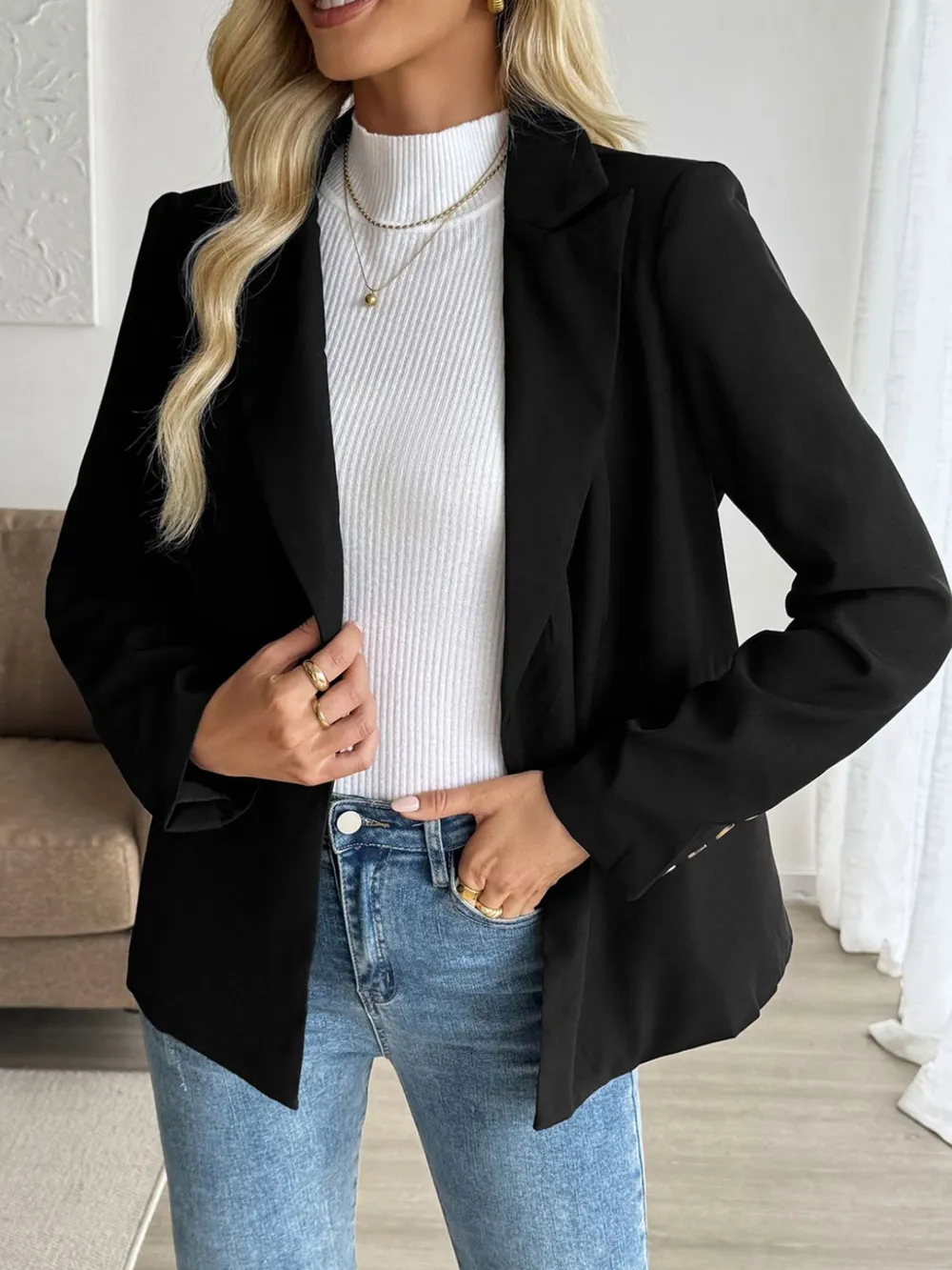 Lapel Collar Long Sleeve Blazer, image 3