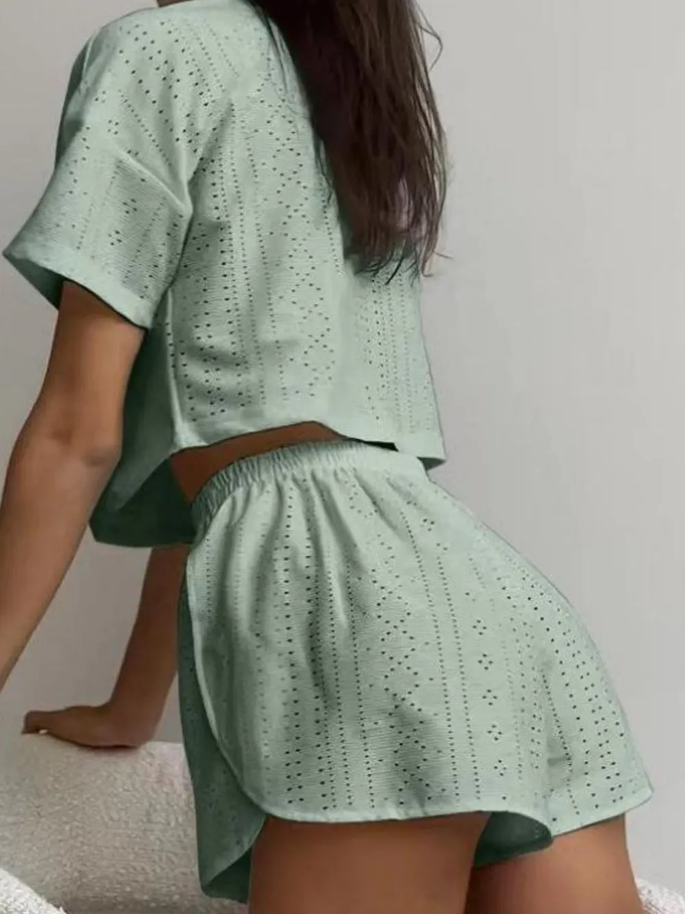 Eyelet Round Neck Top and Shorts Set, image 12