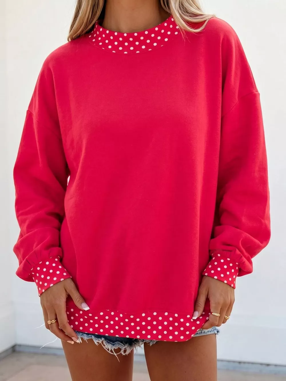 Polka Dot Trim Contrast Crew Neck Sweatshirt, image 5