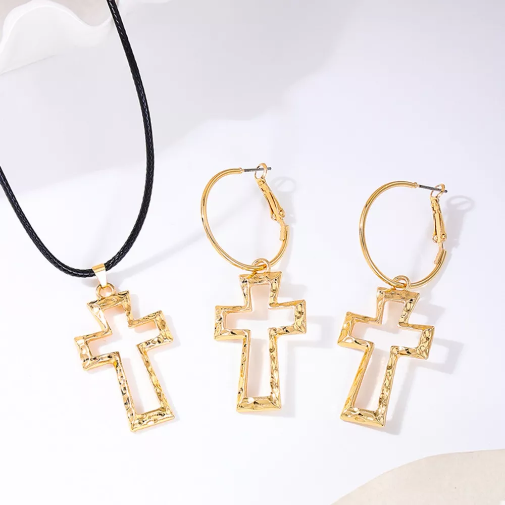 Cross Pendant Necklace & Hoop Earrings Jewelry Set, image 2