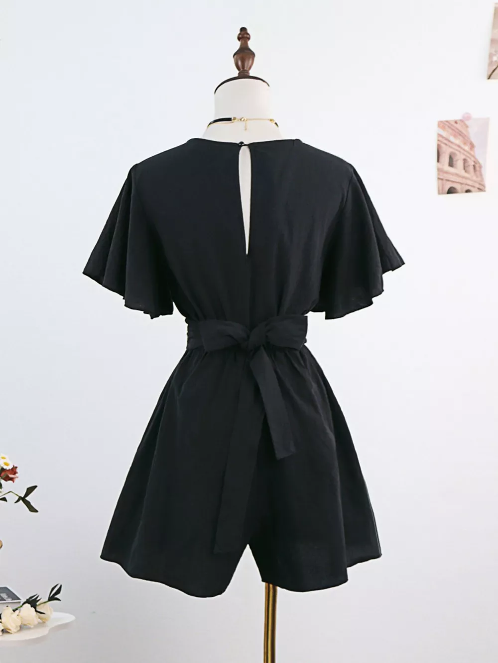 Tie Waist Flutter Sleeve Romper, image 2