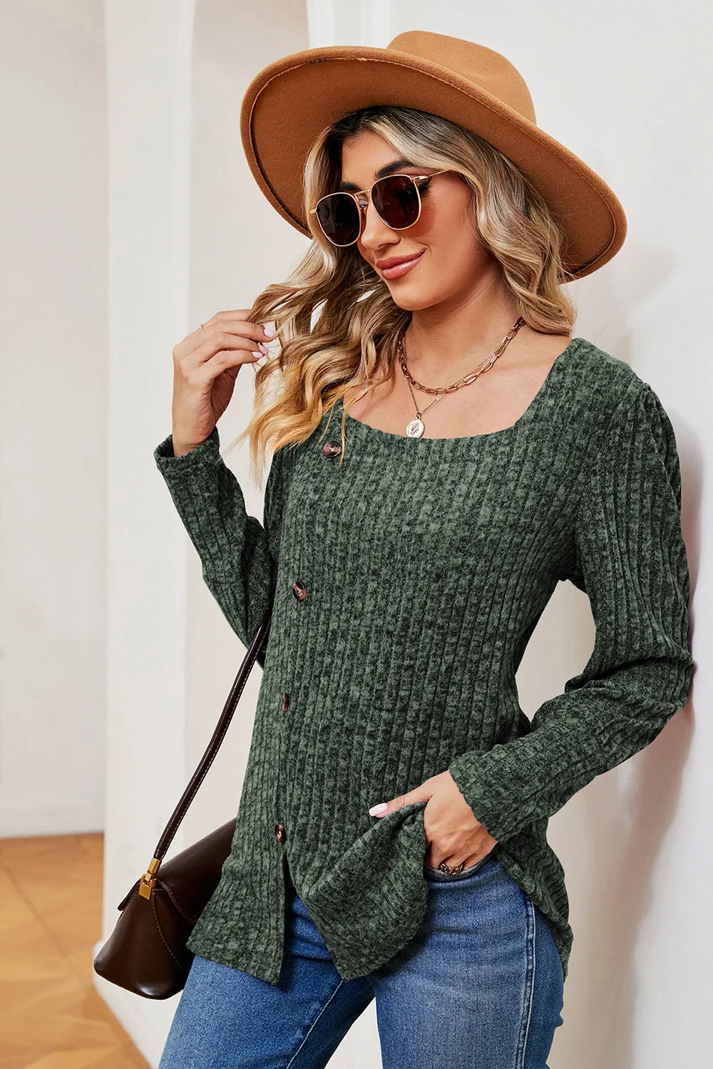 Decorative Button Square Neck T-Shirt, image 3