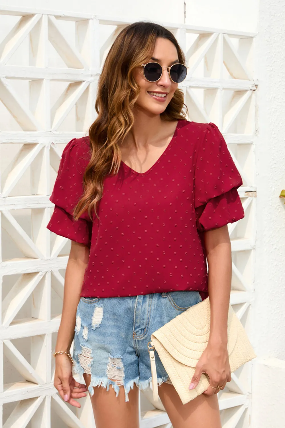 Swiss Dot V-Neck Short Sleeve Blouse, image 5