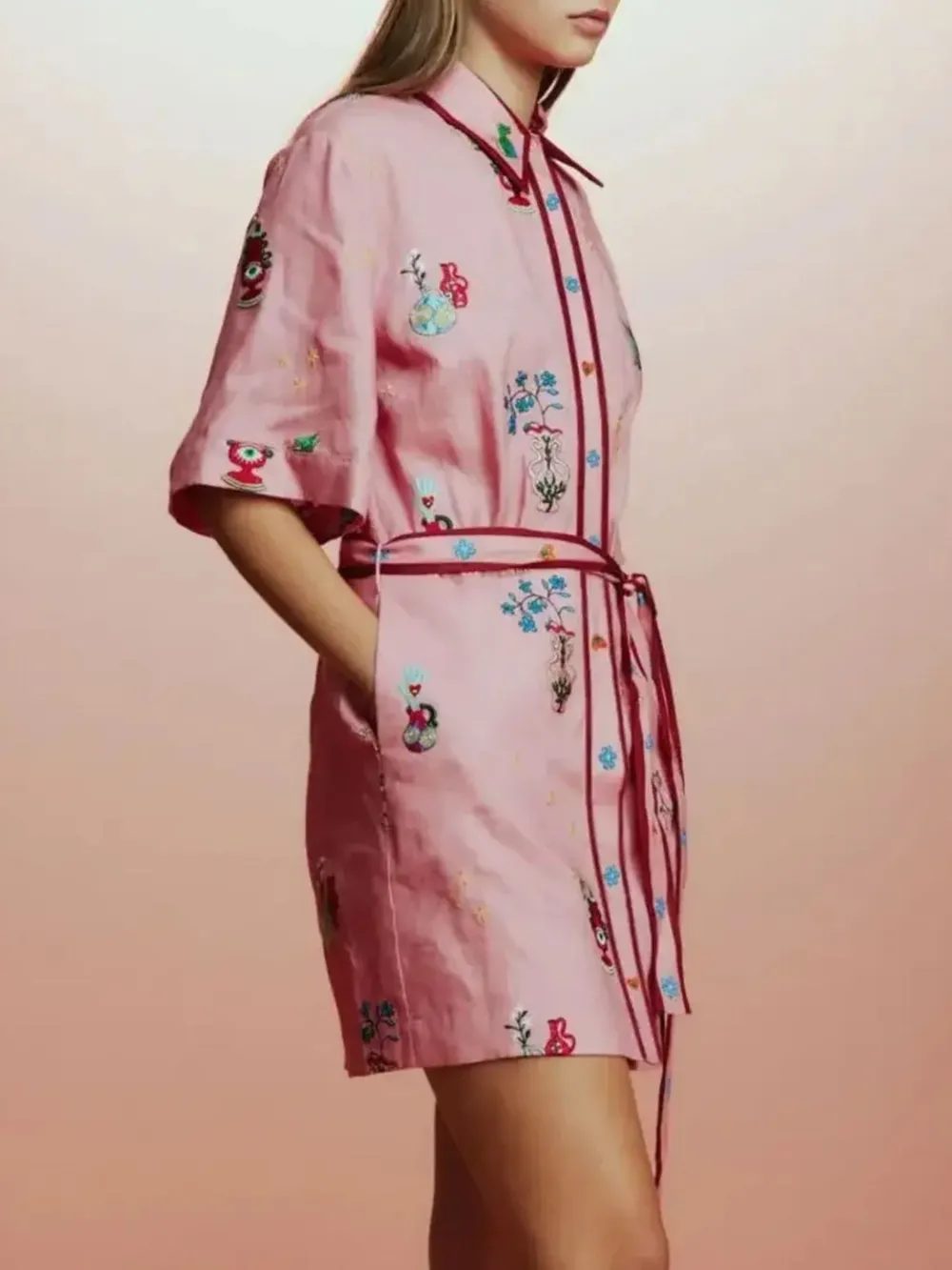 Printed Tie Waist Half Sleeve Shirt Dress, image 4