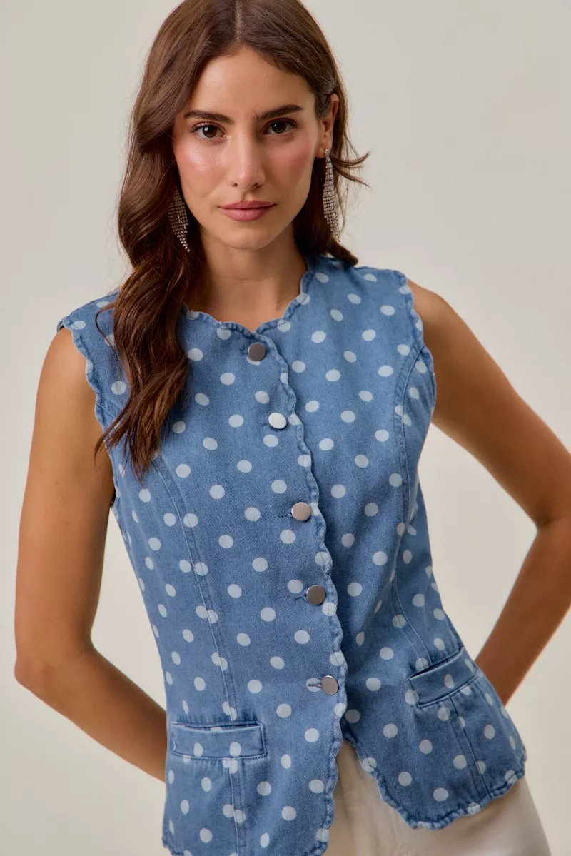 Polka Dot Denim Scallop Edge Button Down Vest Top, image 5