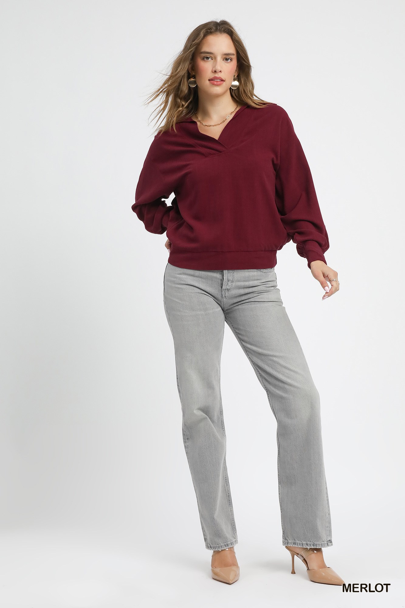 Linen Long Sleeves Elastic Hem Blouse, image 4
