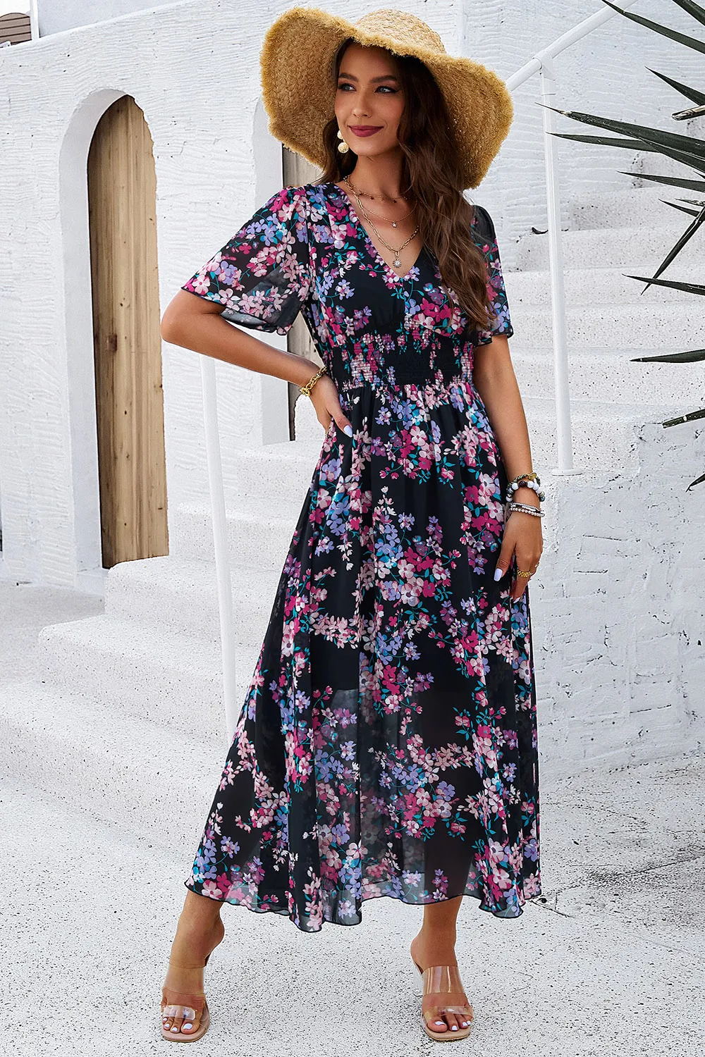 Smocked Floral V-Neck Short Sleeve Dress, image 16