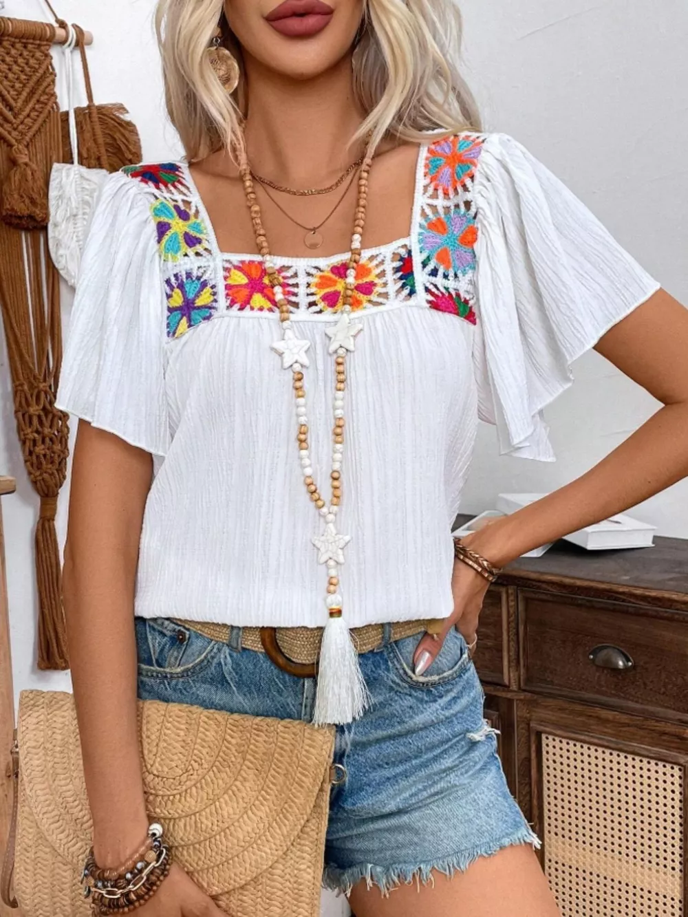 Embroidered Square Neck Flutter Sleeve Blouse, image 13