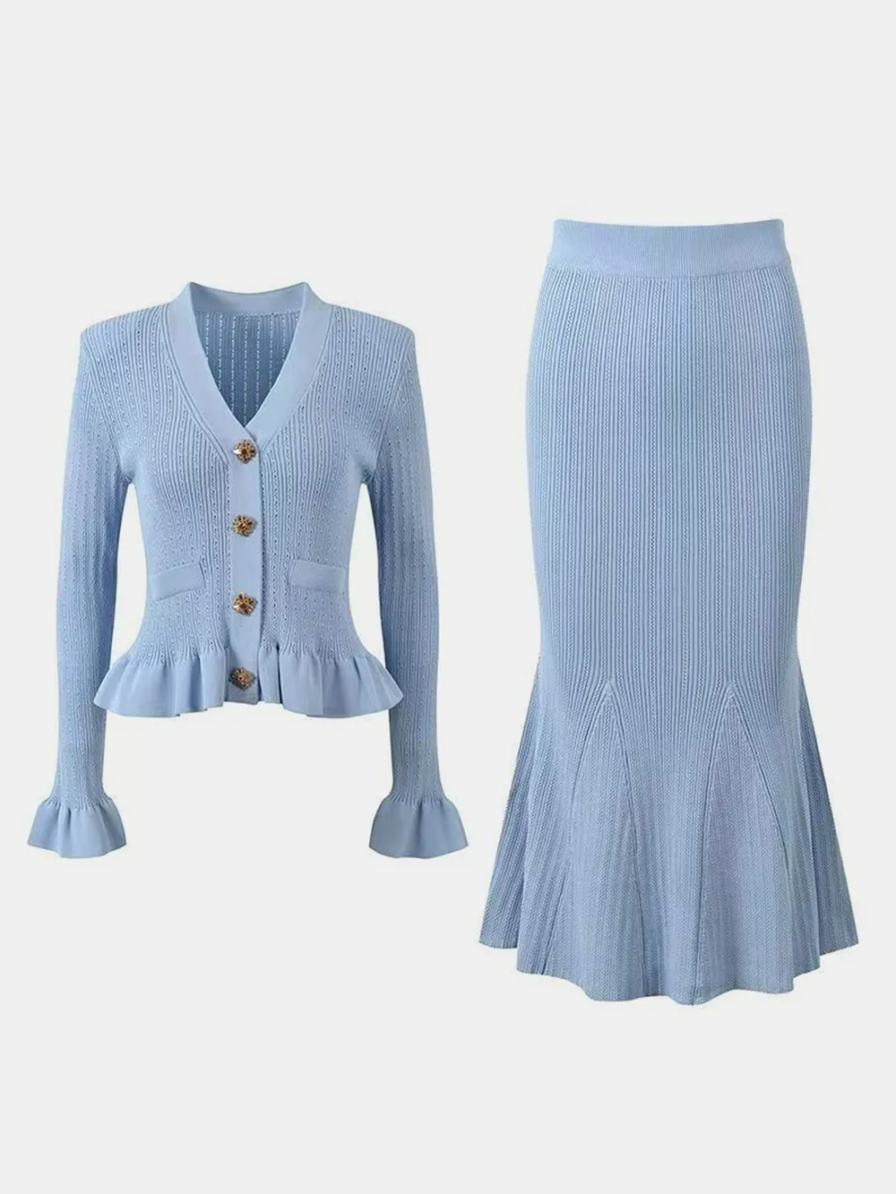 Ruffled V-Neck Top and Midi Skirt Sweater Set, image 15