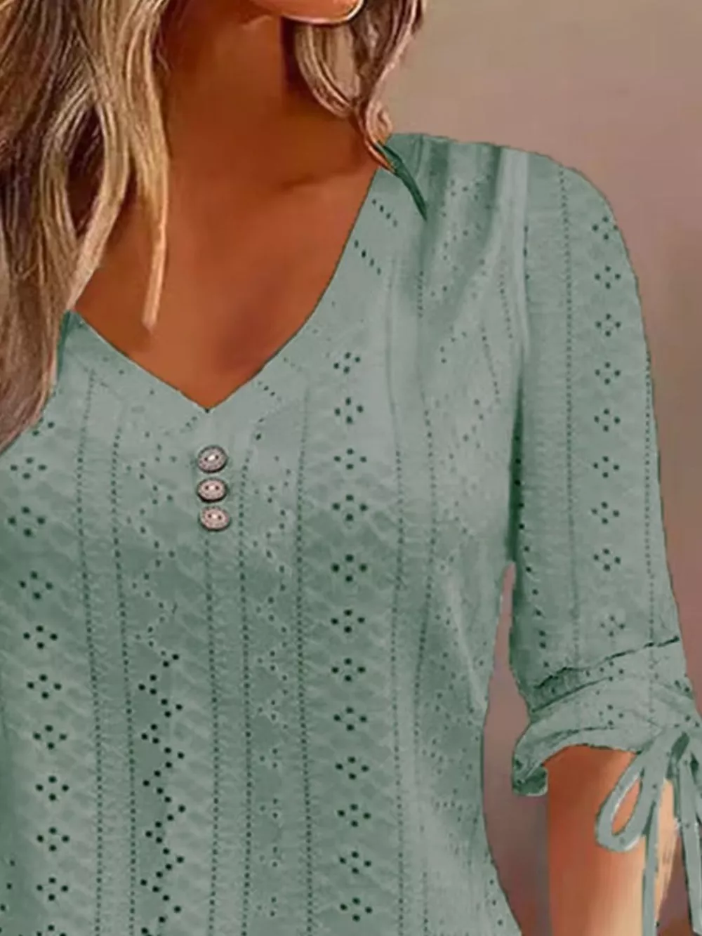 Full Size V-Neck Eyelet Drawstring Sleeve Top Plus Size, image 8