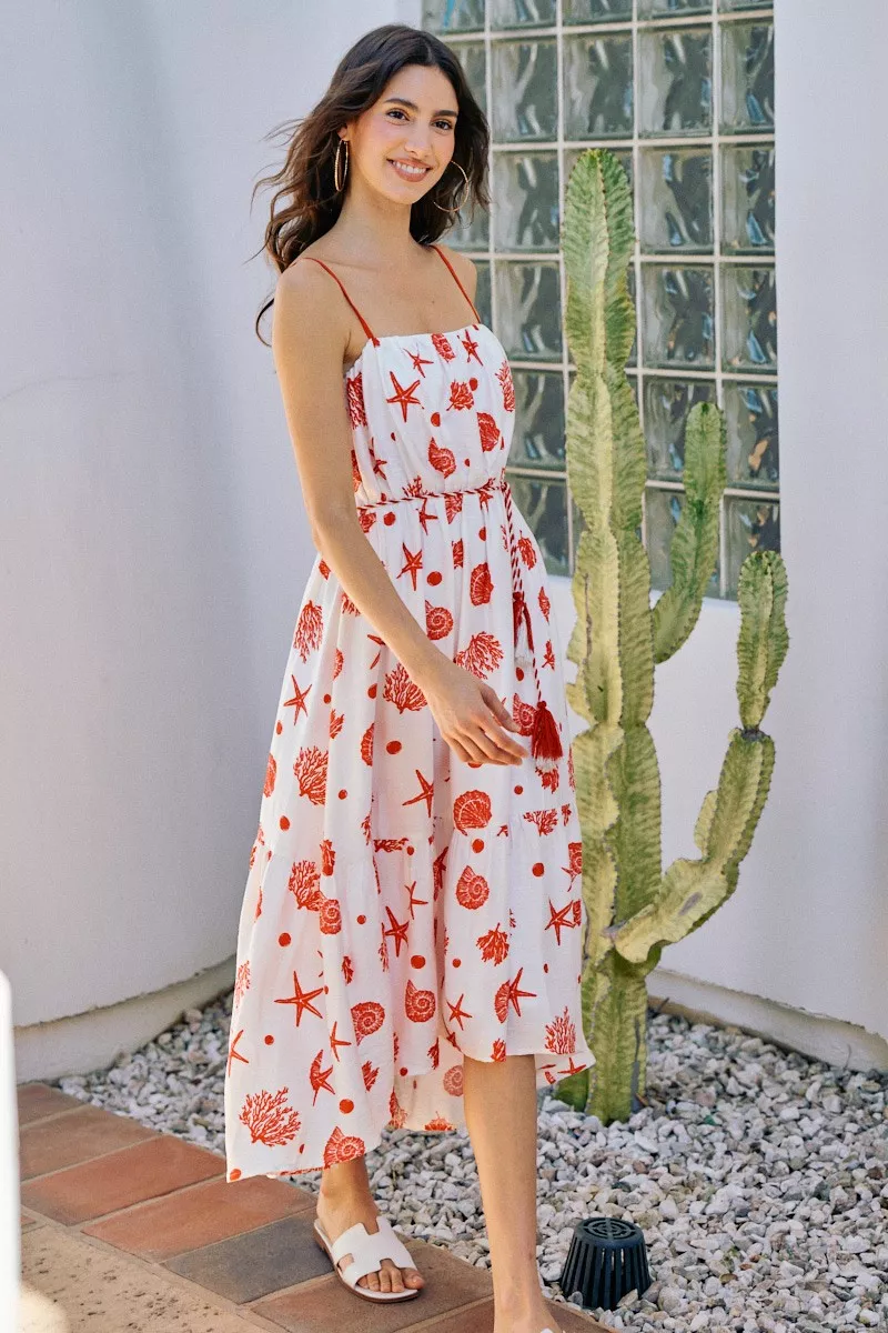 Shell Print Tiered Lined Midi Cami Dress With Belt, image 4