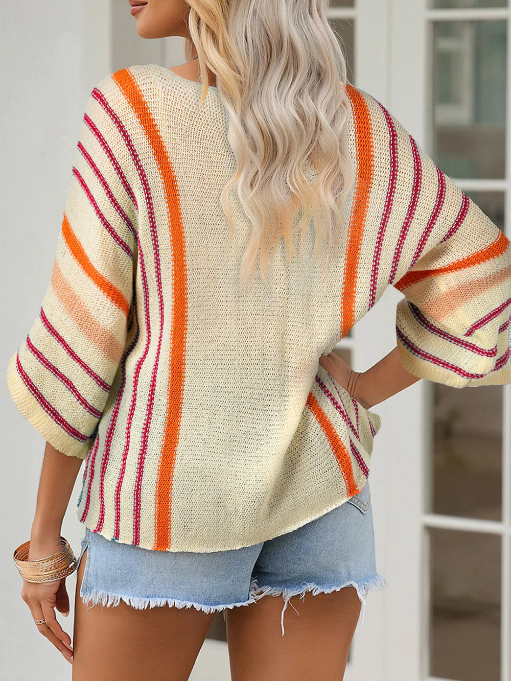 Striped Boat Neck Three-Quarter Sleeve Knit Top, image 5