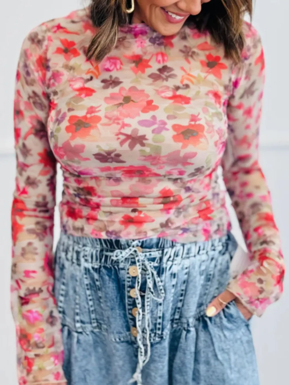 Floral Mesh Long Sleeve Fitted Blouse