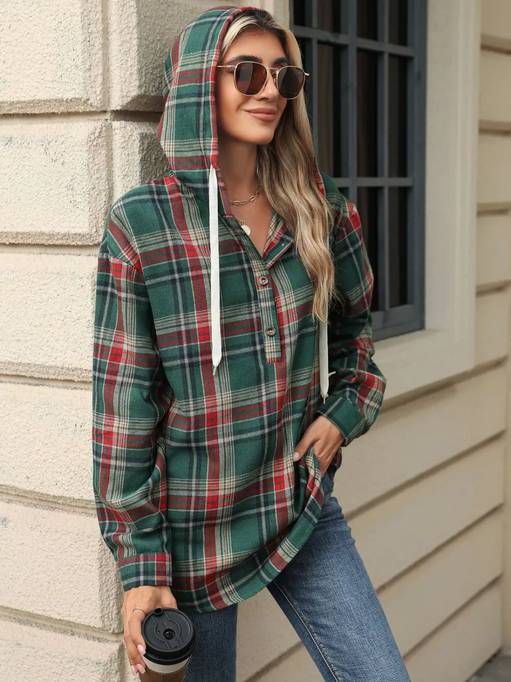 Drawstring Plaid Hooded Long Sleeve Top, image 3