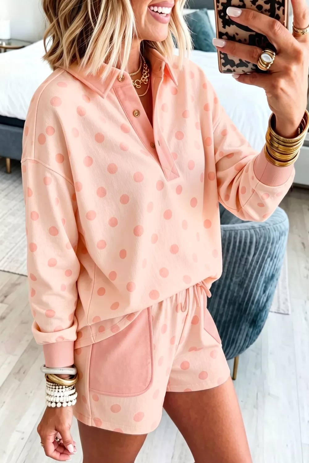 Polka Dot Drop Shoulder Polo Loose Pullover Patch Pocket Casual Shorts Set, image 2