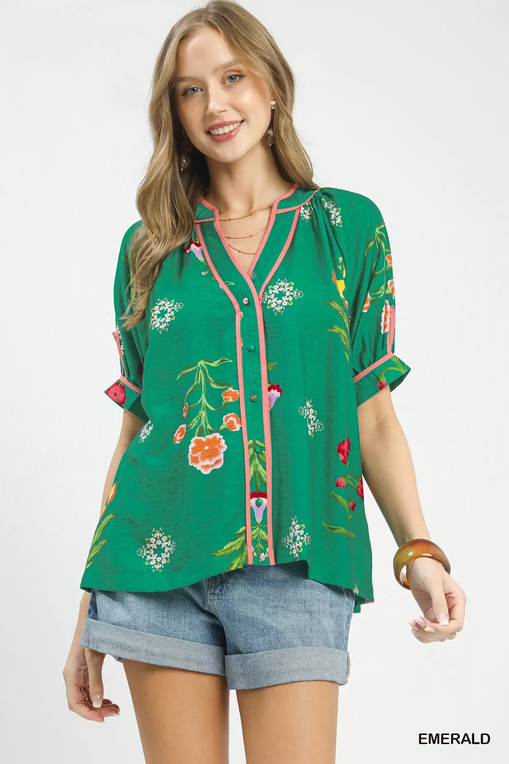 Botanical Print Contrast Trim Button Blouse