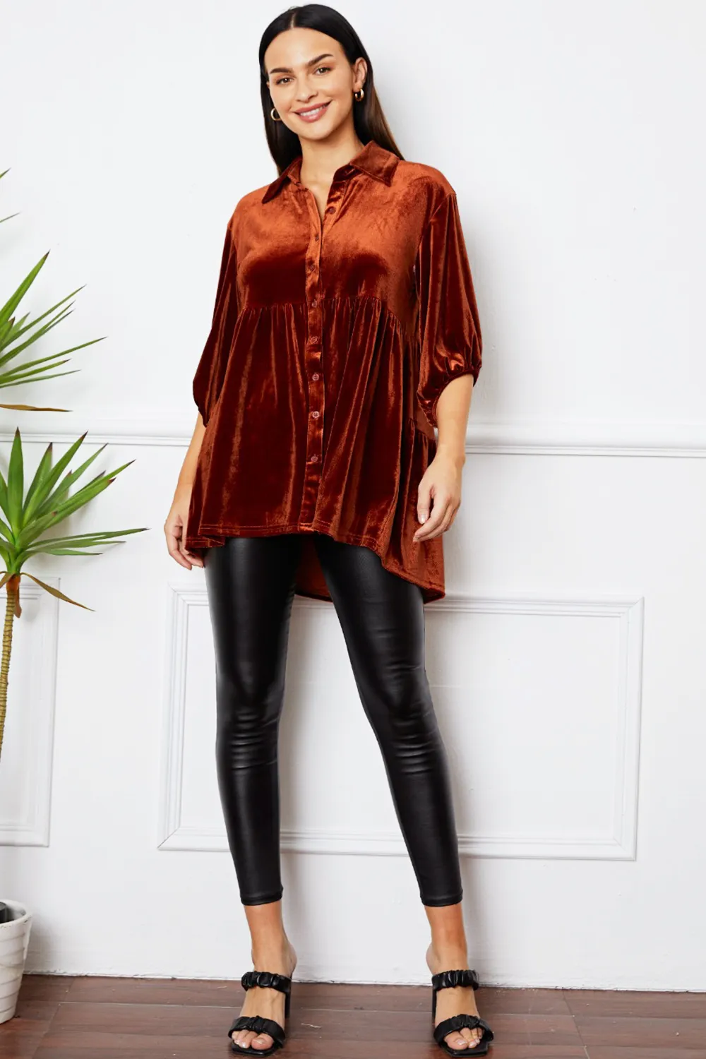 Velvet Tiered Button Up Collared Neck Shirt, image 4