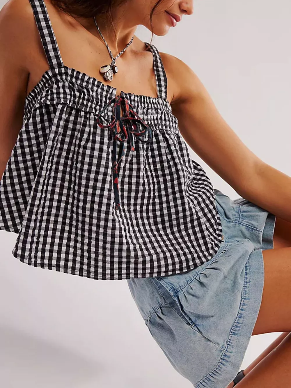Smocked Gingham Tie-Front Cami, image 5