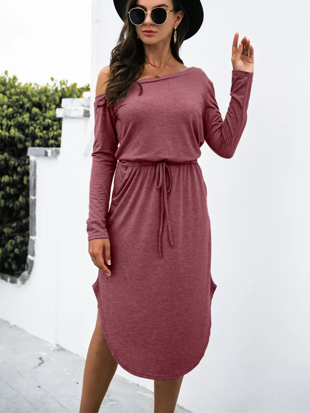 One-Shoulder Long Sleeve Midi Dress with Drawstring Waist, image 8