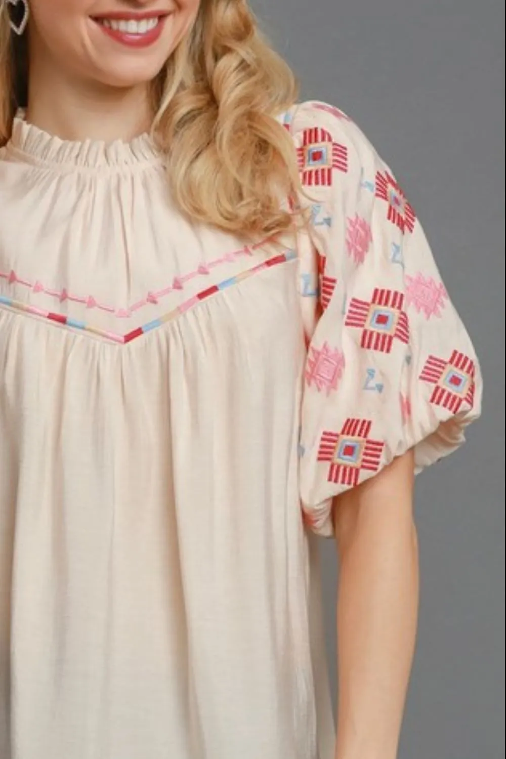 Full Size Embroidered Puff Sleeve Mock Neck Top Plus Size, image 2