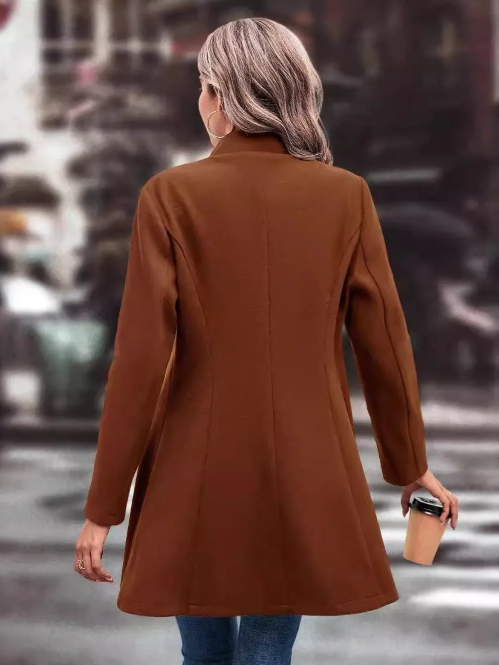 Collared Neck Long Sleeve Longline Coat, image 3
