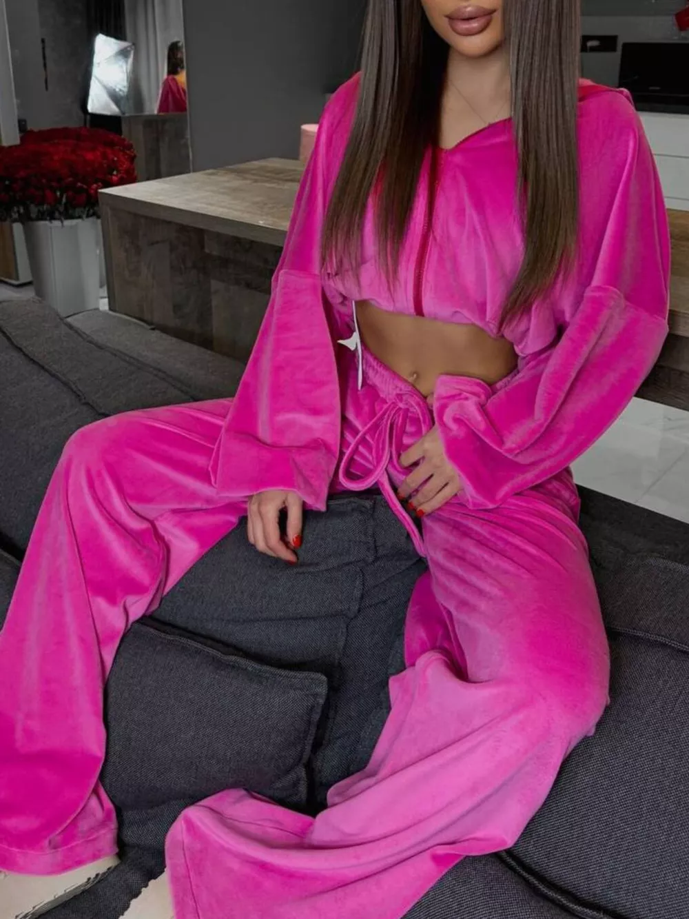 Zip Up Hoodie and Wide-Leg Pants Set, image 2