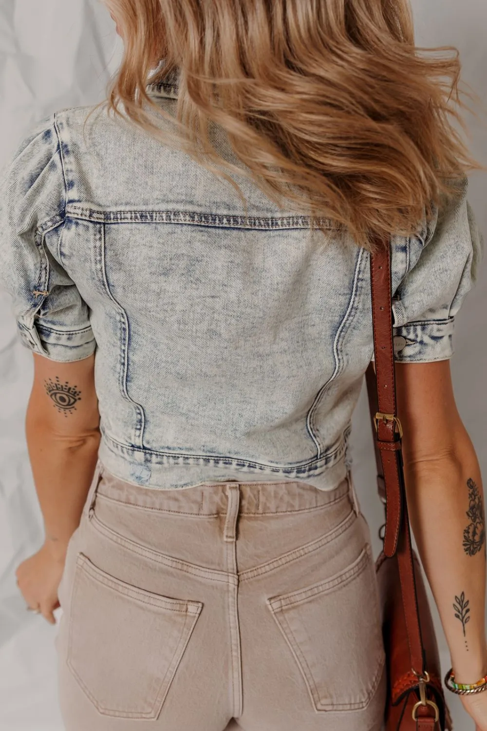 Wash Buttoned Chest Pocket Puff Sleeve Denim Jacket, image 2