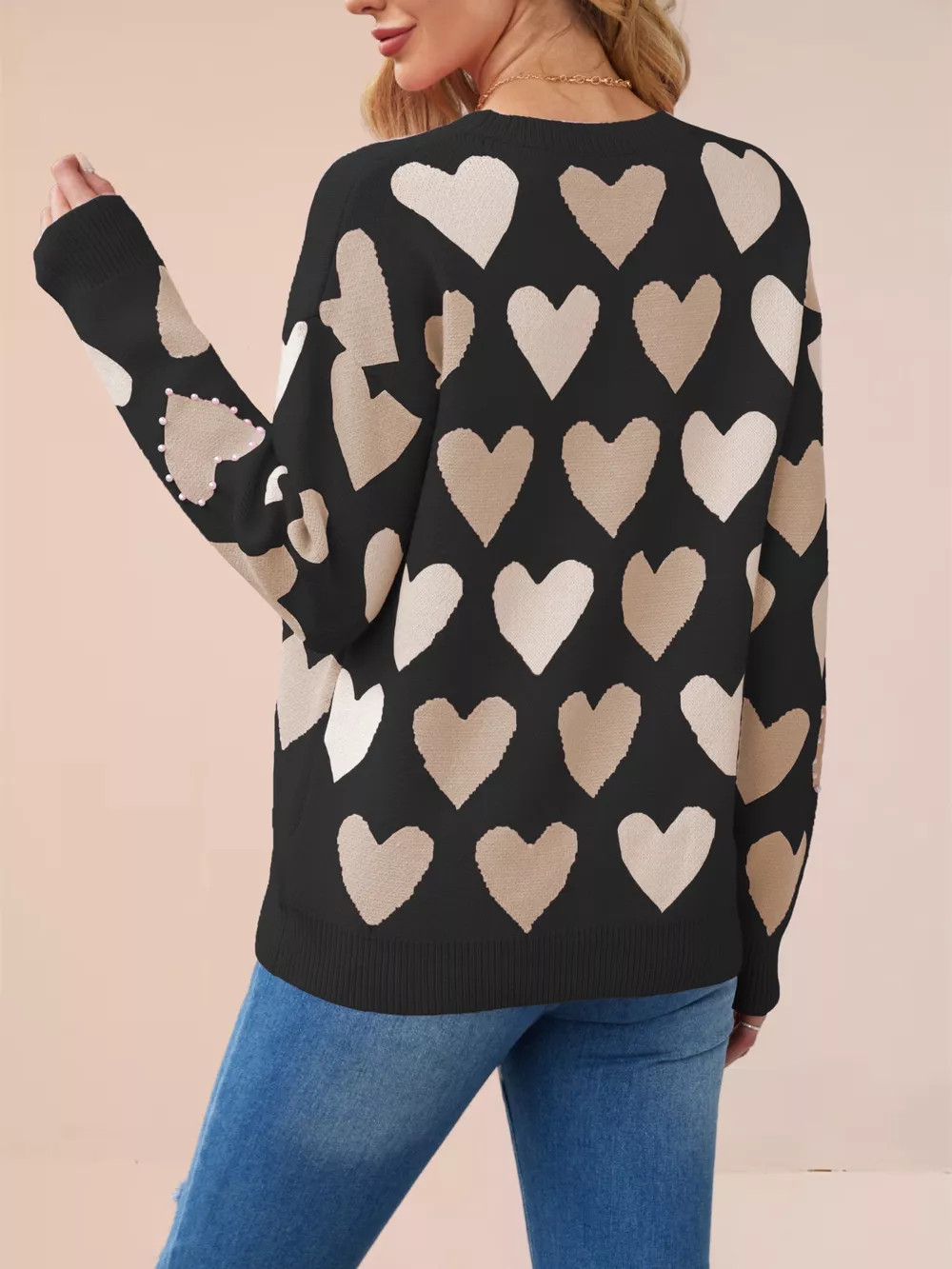 Heart Pattern Beaded Round Neck Sweater, image 13