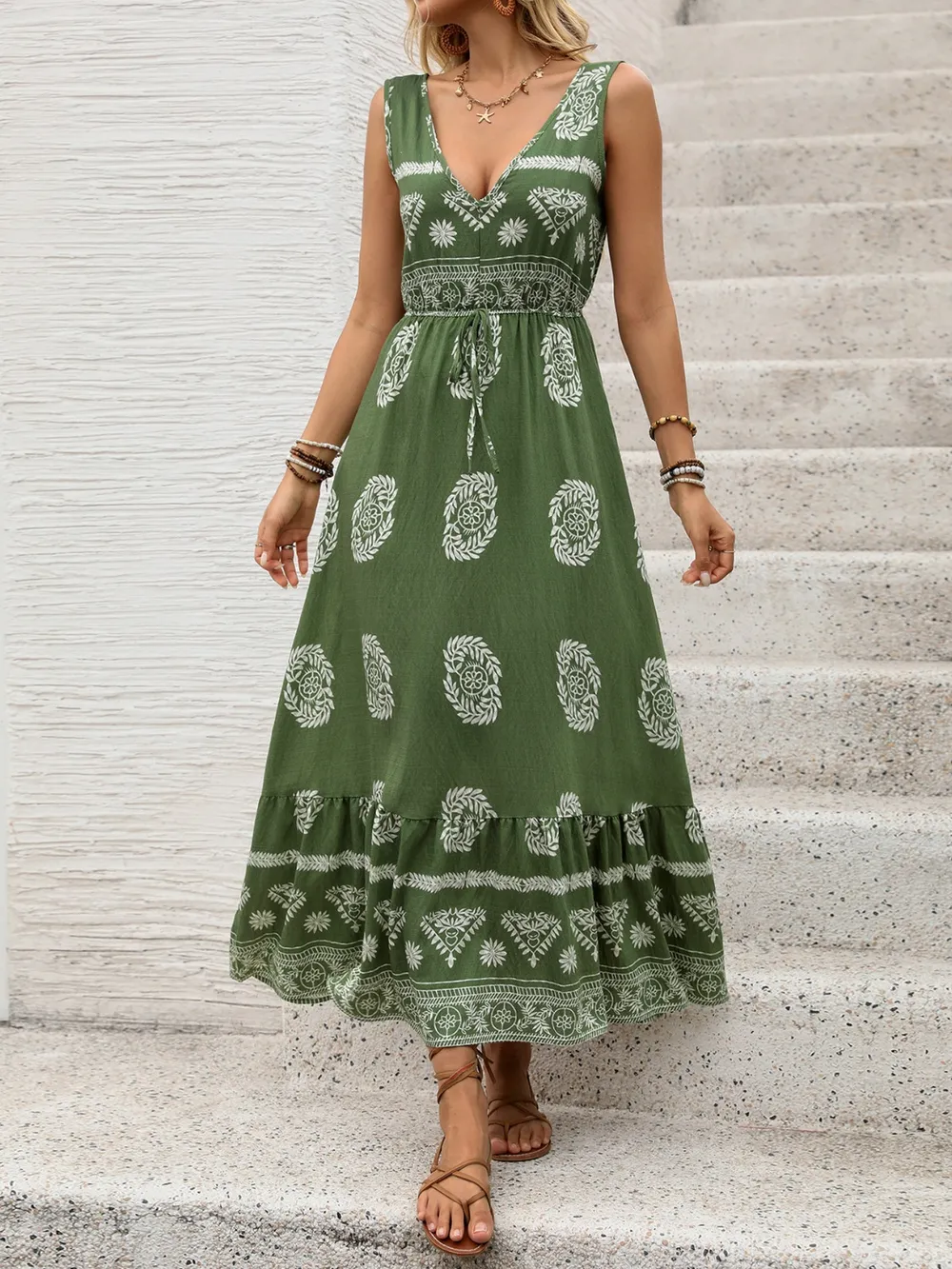 Printed V-Neck Sleeveless Dress, image 3