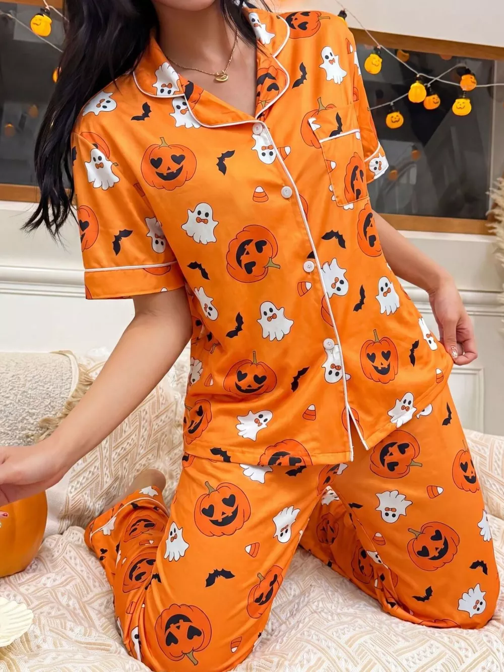 Halloween Pumpkin Print Button-Down Top and Pants Set, image 7