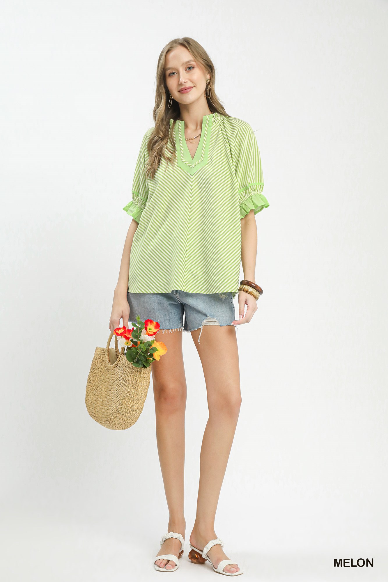 Stripe Ruffle Sleeve Split-Neck Blouse, image 3