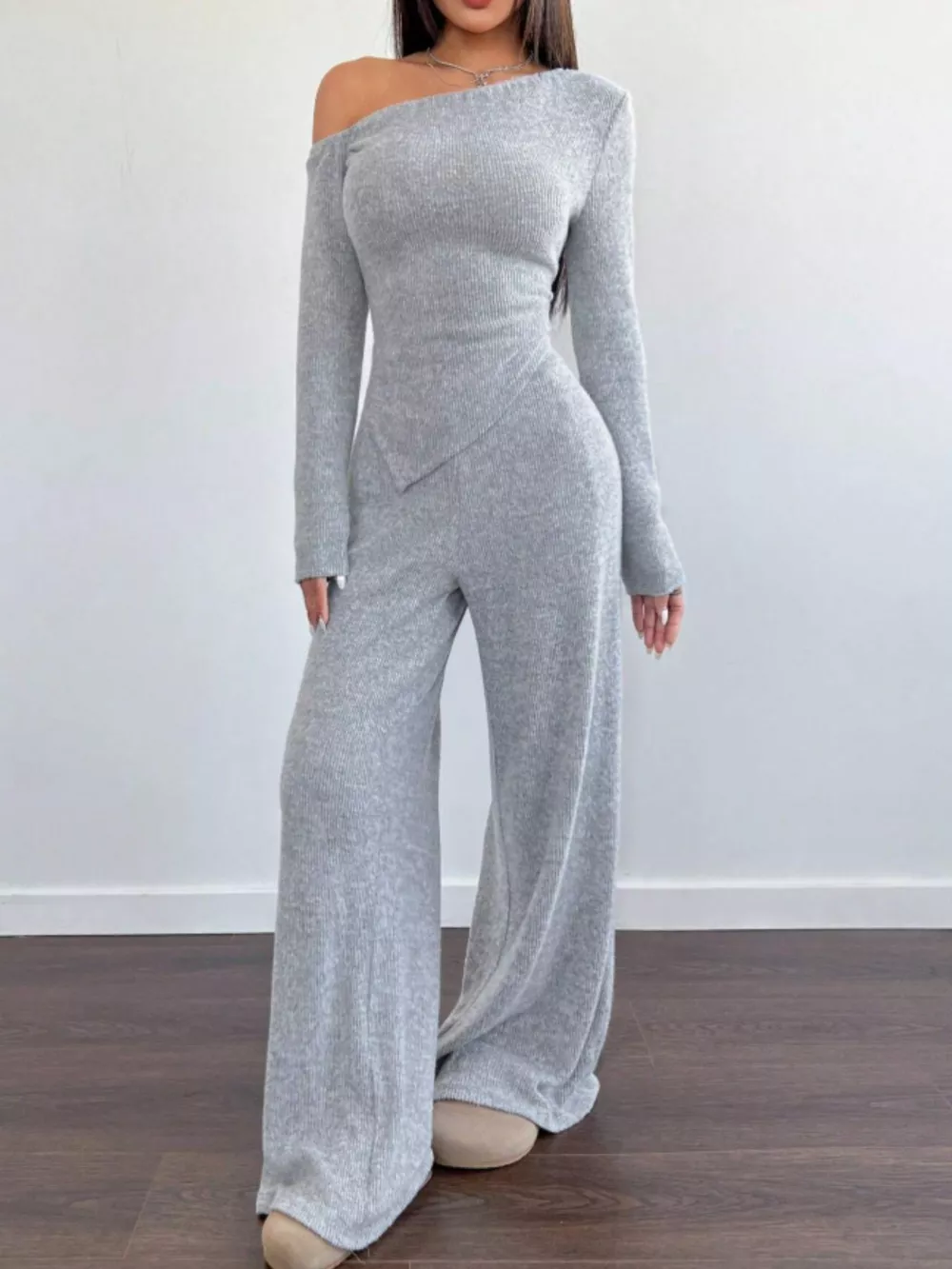 One-Shoulder Long Sleeve Top and Pants Set, image 3