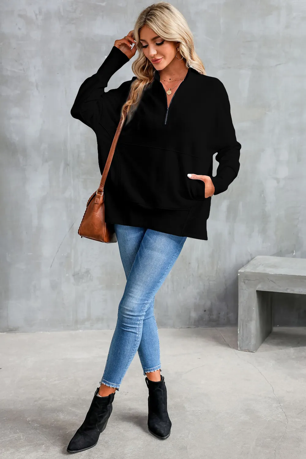 Half Zip Pocketed Dropped Shoulder Sweatshirt, image 9