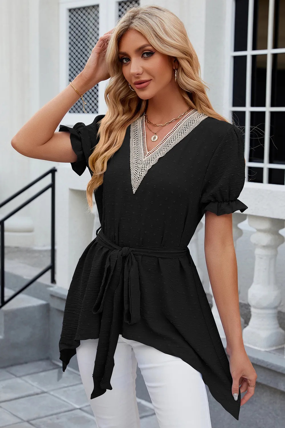 Swiss Dot Tie Waist Flounce Sleeve Blouse, image 6