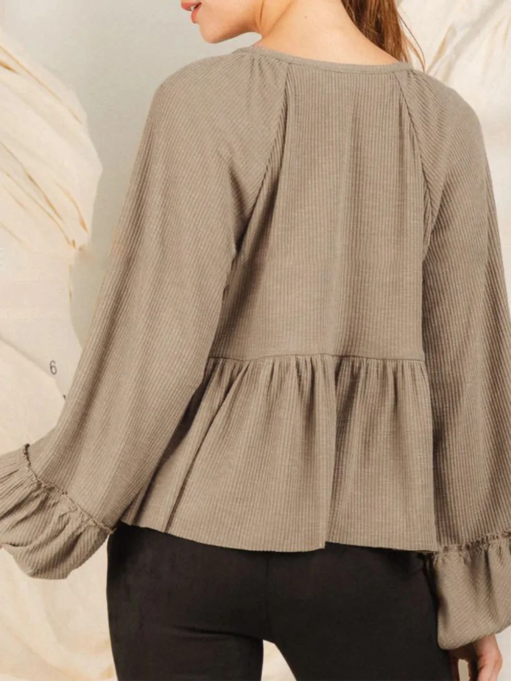 Notched Balloon Sleeve Peplum Blouse, image 14
