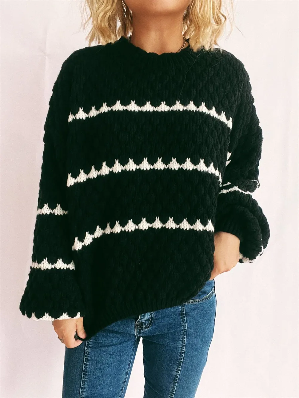 Contrast Stripes Round Neck Long Sleeve Sweater, image 8