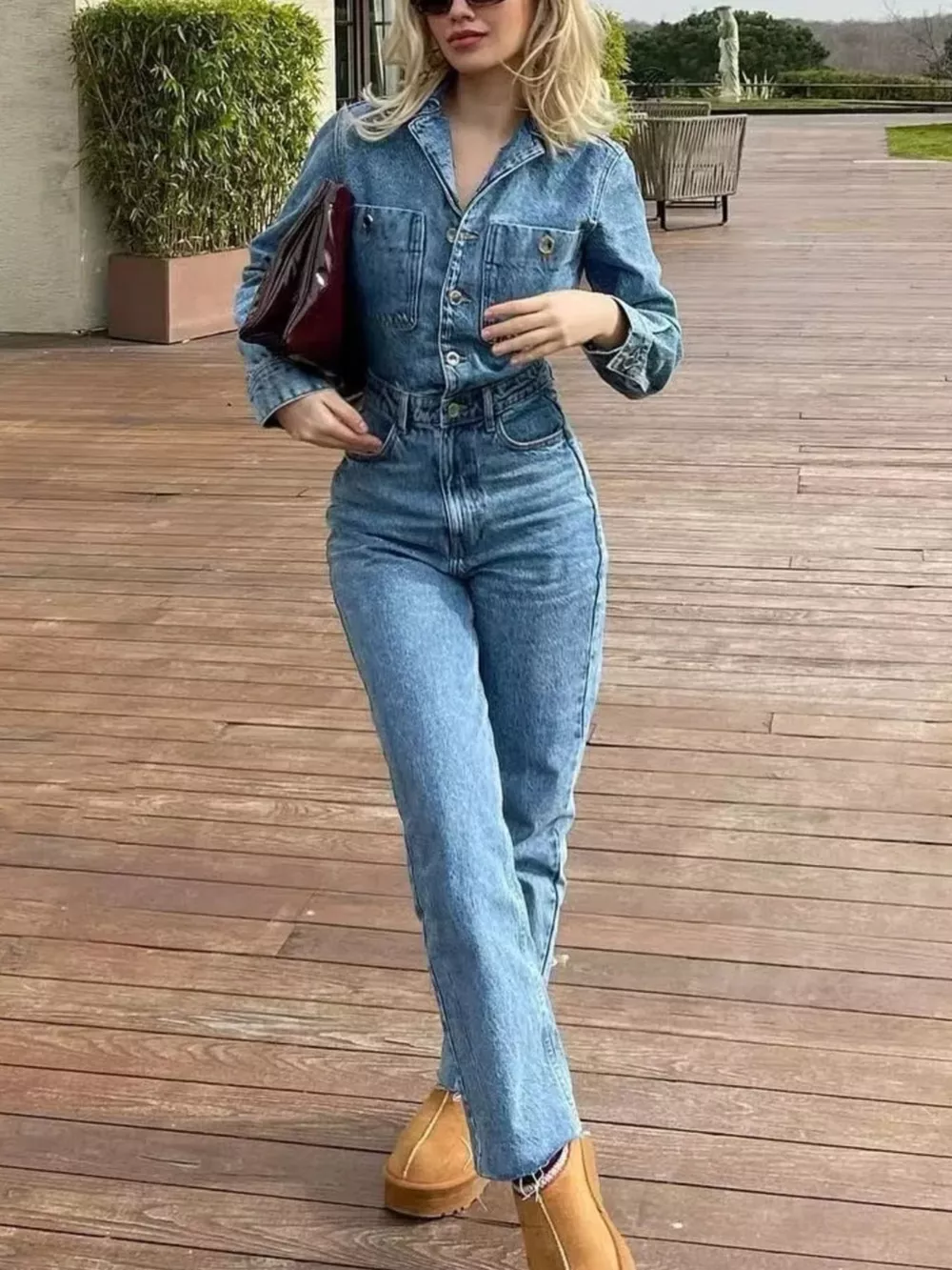 Vintage Wash Long Sleeve Denim Jumpsuit with Button-Down Front, image 2