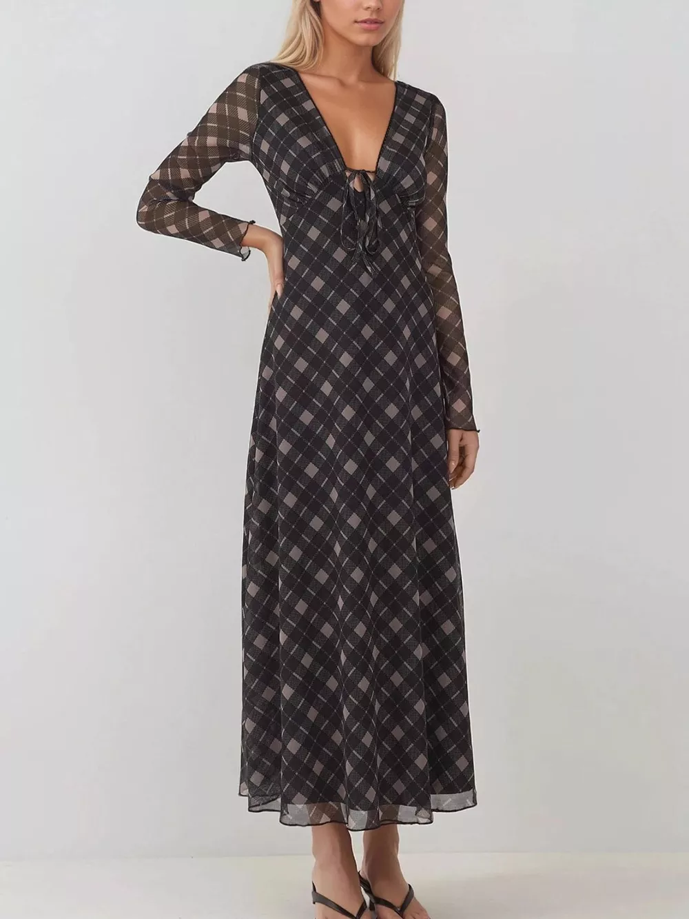 Tie Front Plaid Long Sleeve Dress, image 2