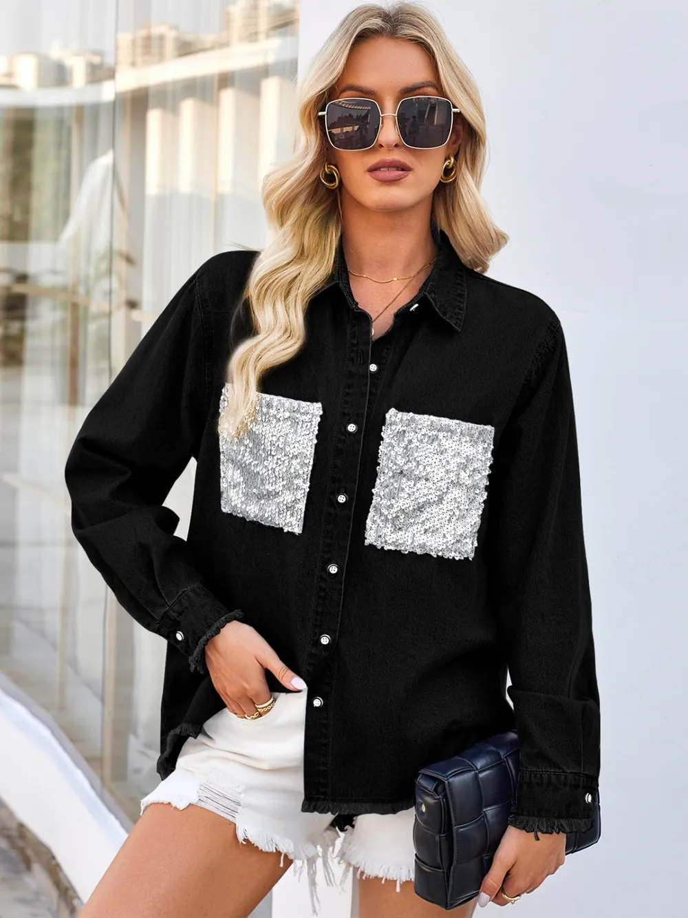 Raw Hem Button Up Long Sleeve Denim Jacket with Sequin Pockets, image 6