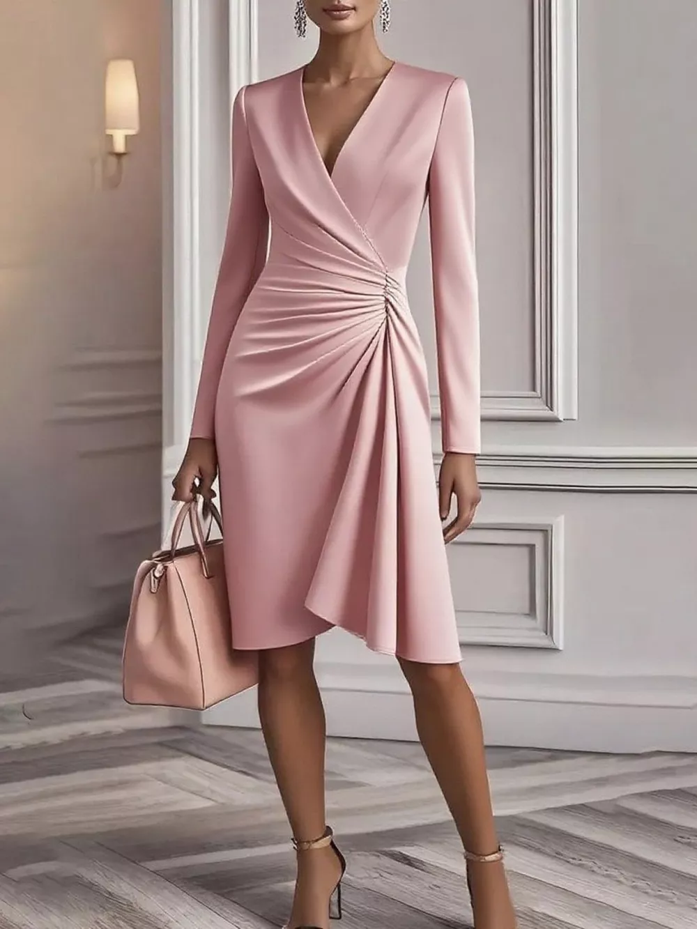 Front Ruched V-Neck Long Sleeve Dress, image 4
