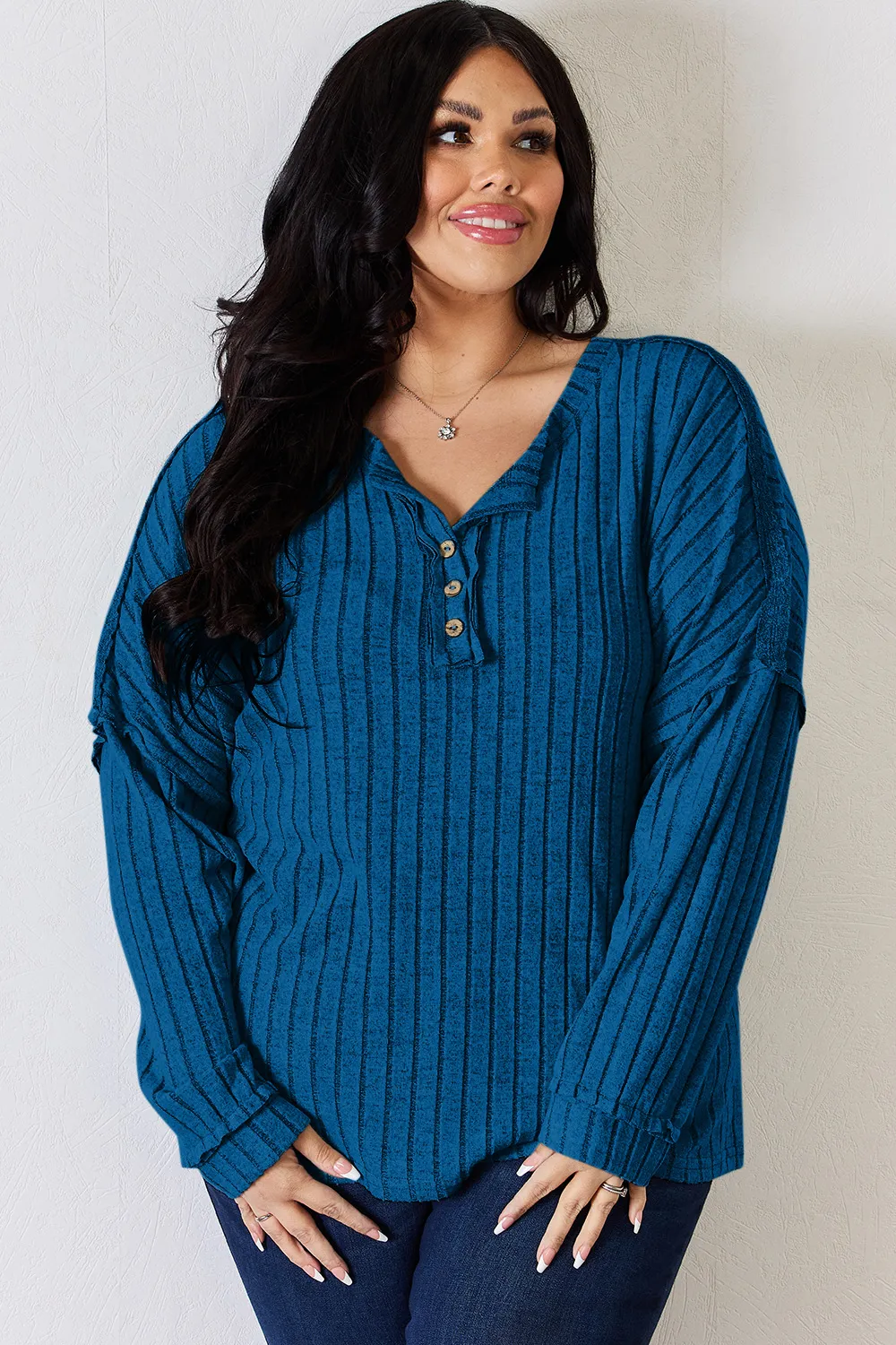 Full Size Ribbed Half Button Long Sleeve T-Shirt, image 7