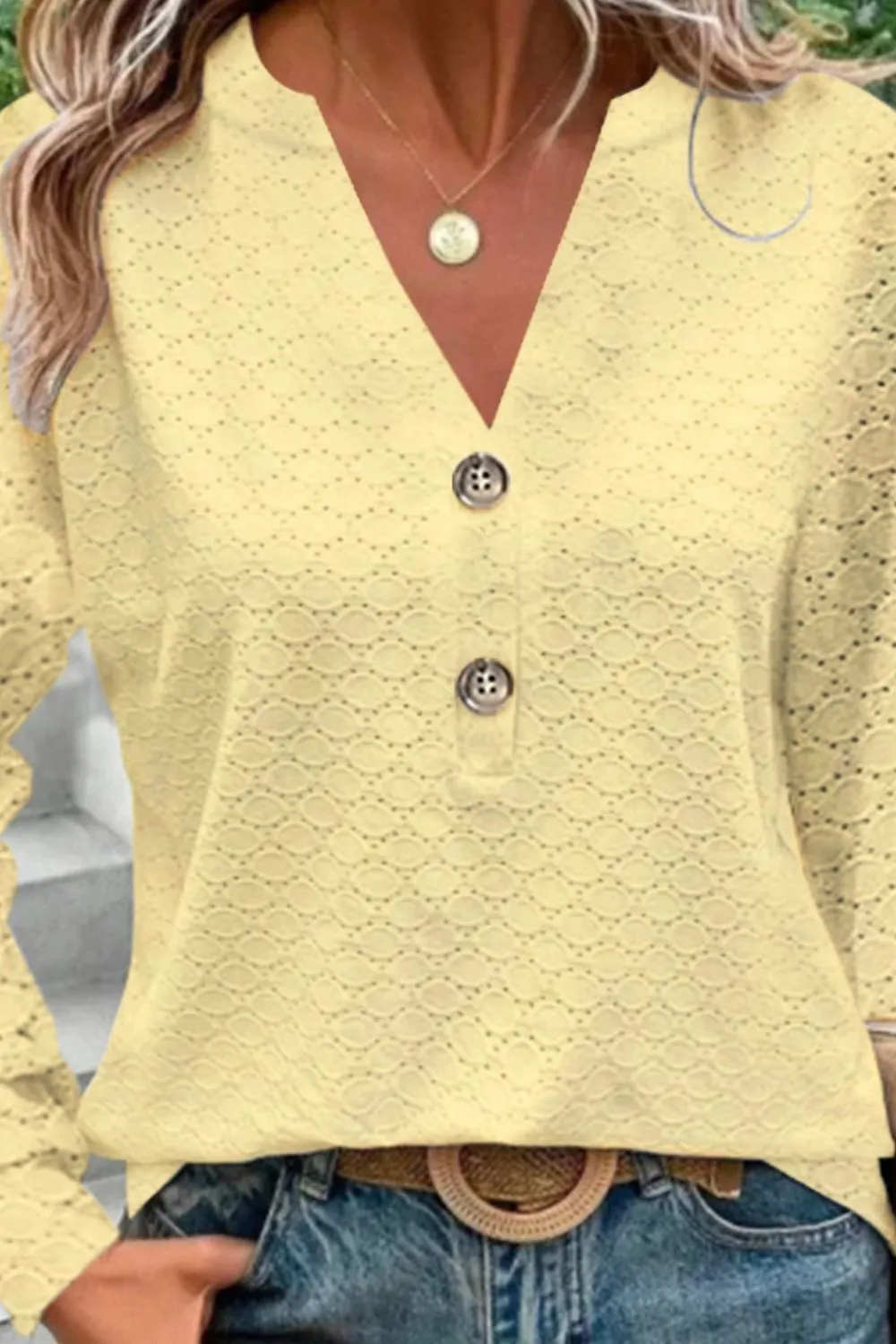 Eyelet Notched Long Sleeve T-Shirt, image 6