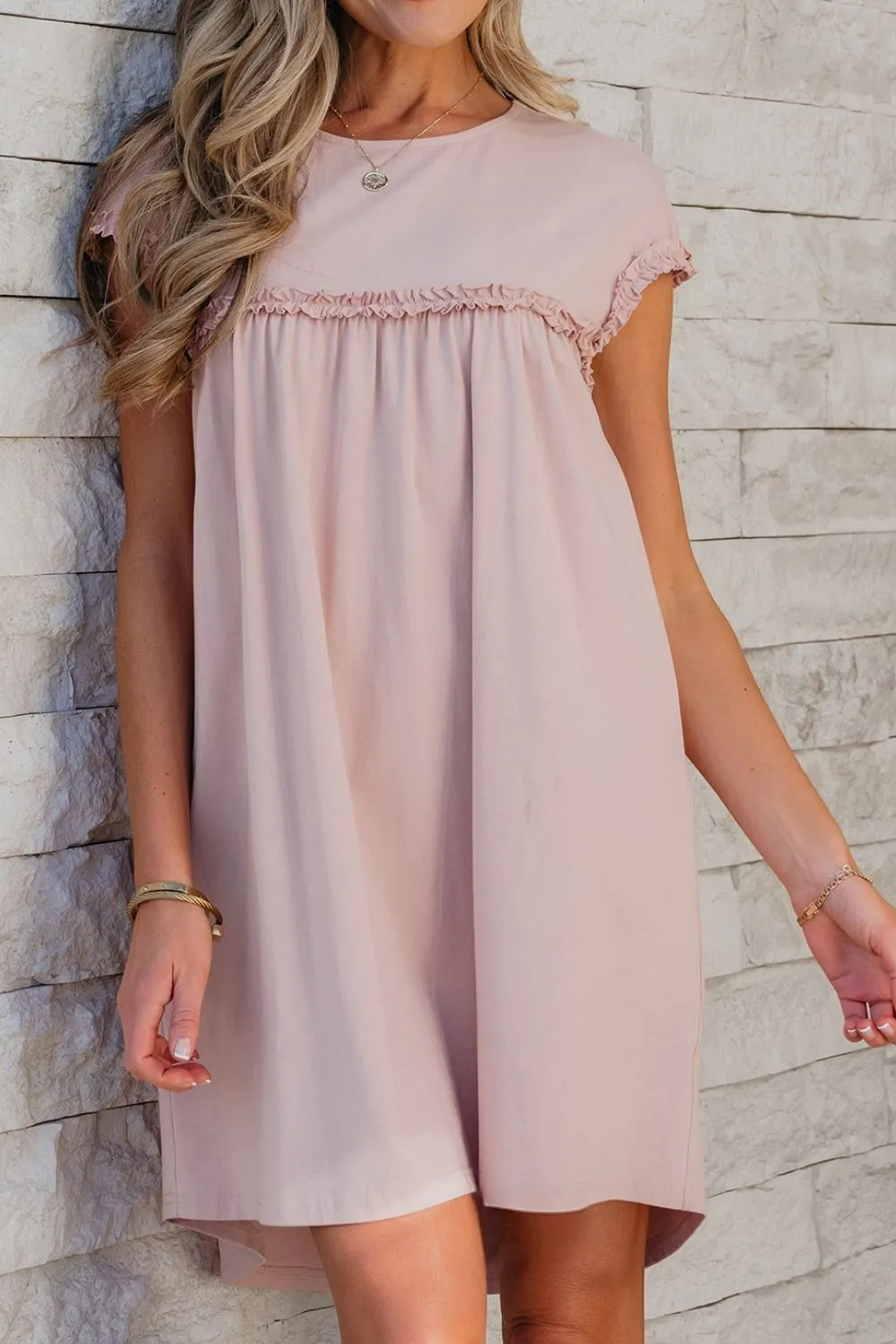 Frilled Trim Crew Neck Cap Sleeve Loose Fit Mini Dress, image 3