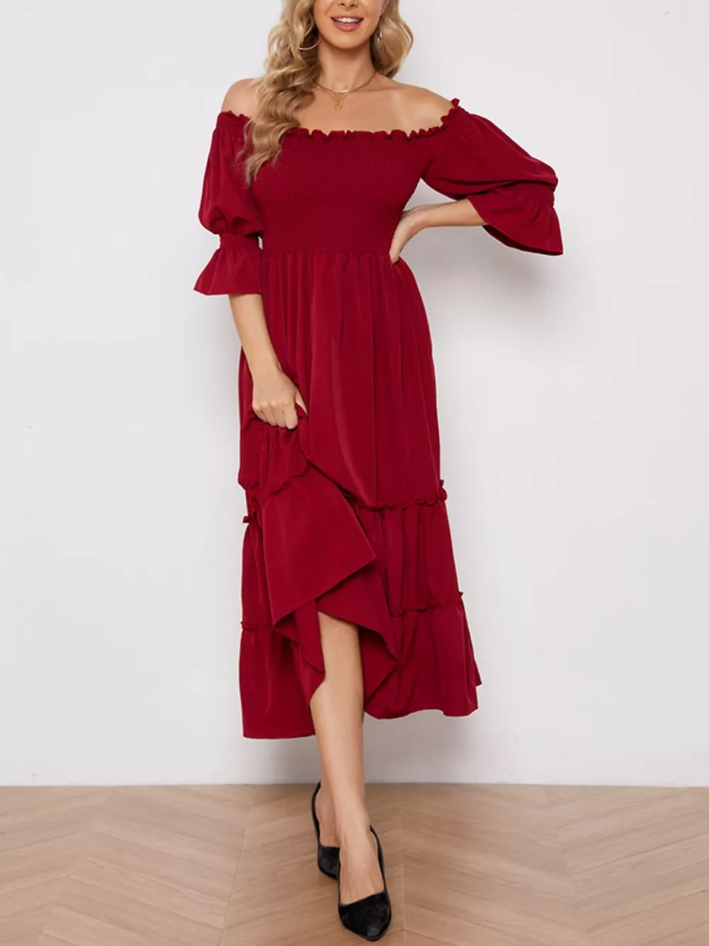 Smocked Off-Shoulder Ruffle Hem Midi Dress, image 3