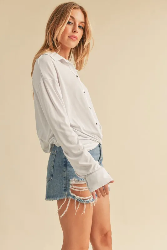 Twisted Hemline Button Detail Collared Neck Top, image 4