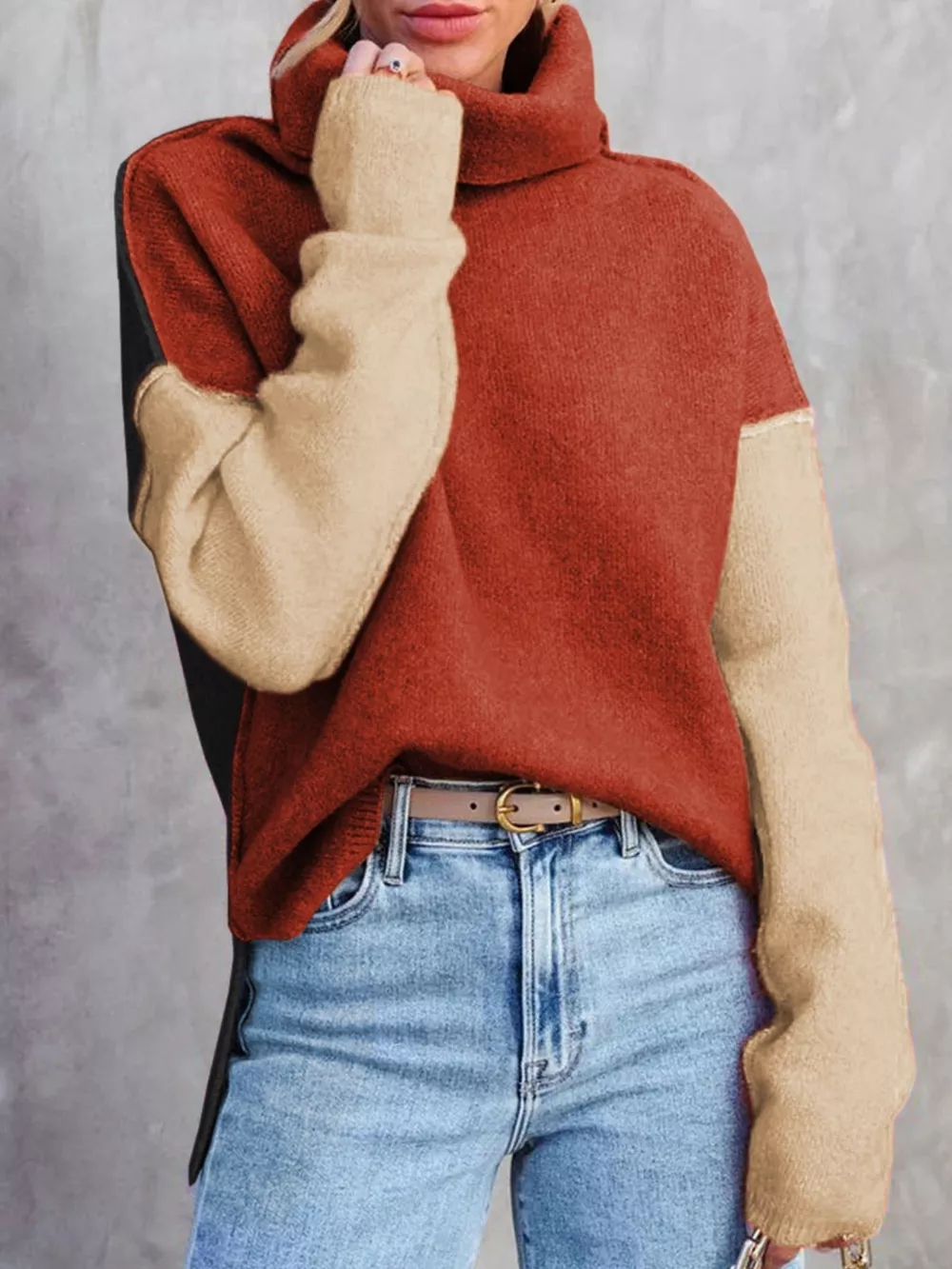 Color Block Turtleneck Drop Shoulder Knit Sweater, image 2