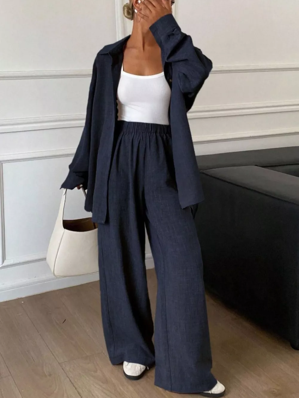 Button Up Long Sleeve Shirt and Wide Leg Pants Set, image 6